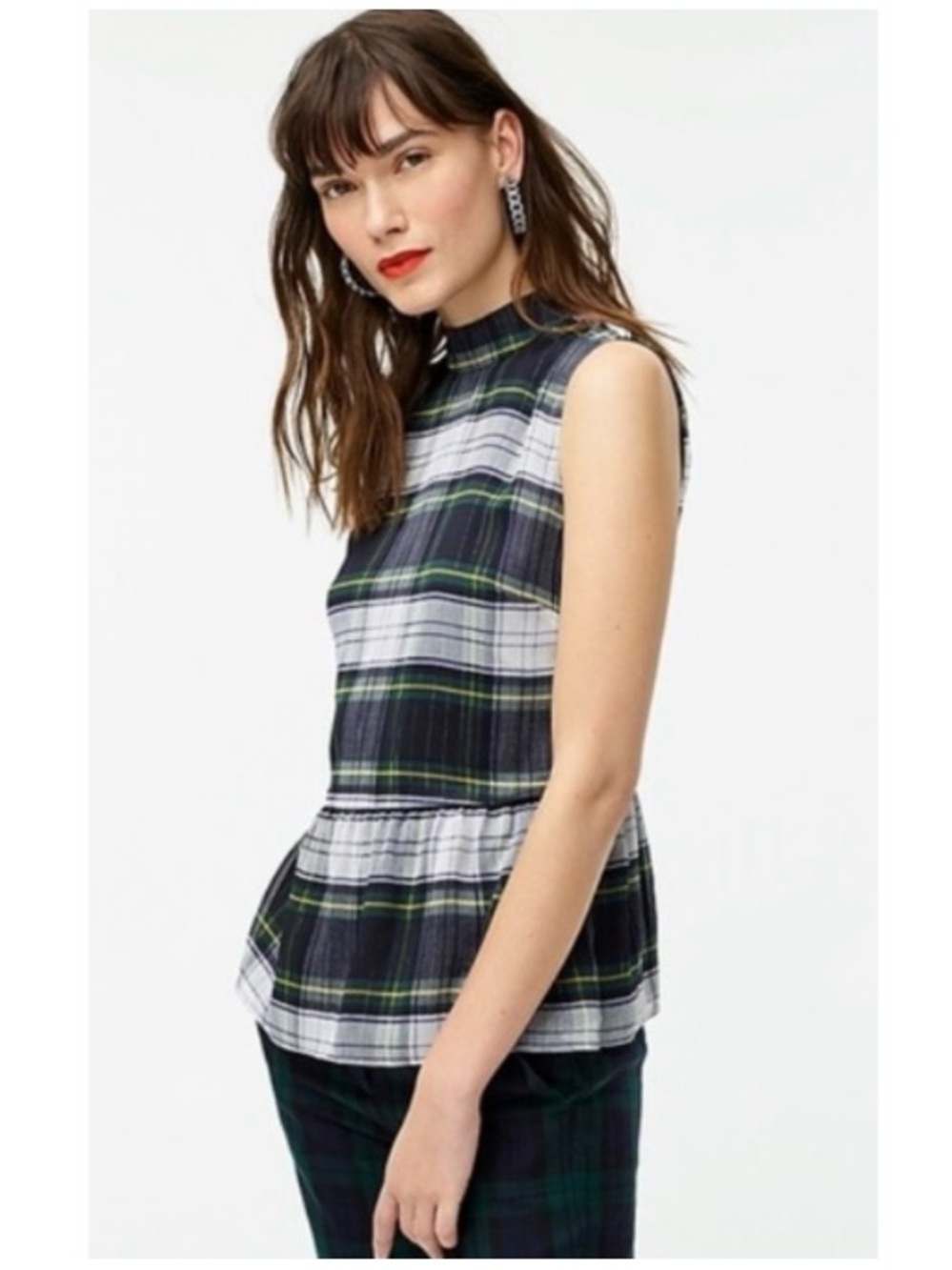 NWT J. Crew Stewart Tartan Plaid Peplum Sleeveless Blouse Holiday Green Large